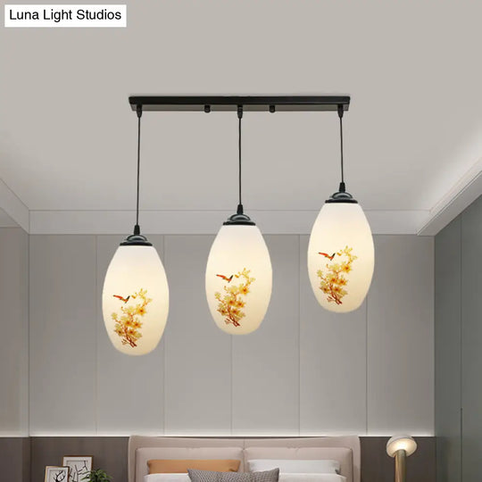 Frosted White Glass Pendant Lamp With Flower Pattern - 3 Bulbs