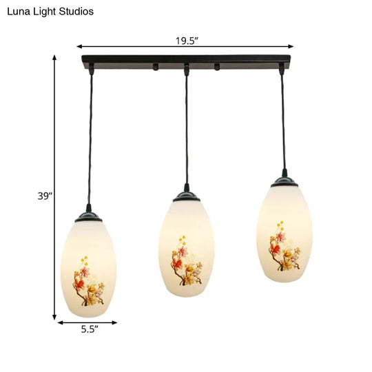 Frosted White Glass Pendant Lamp With Flower Pattern - 3 Bulbs