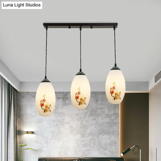 Frosted White Glass Pendant Lamp With Flower Pattern - 3 Bulbs