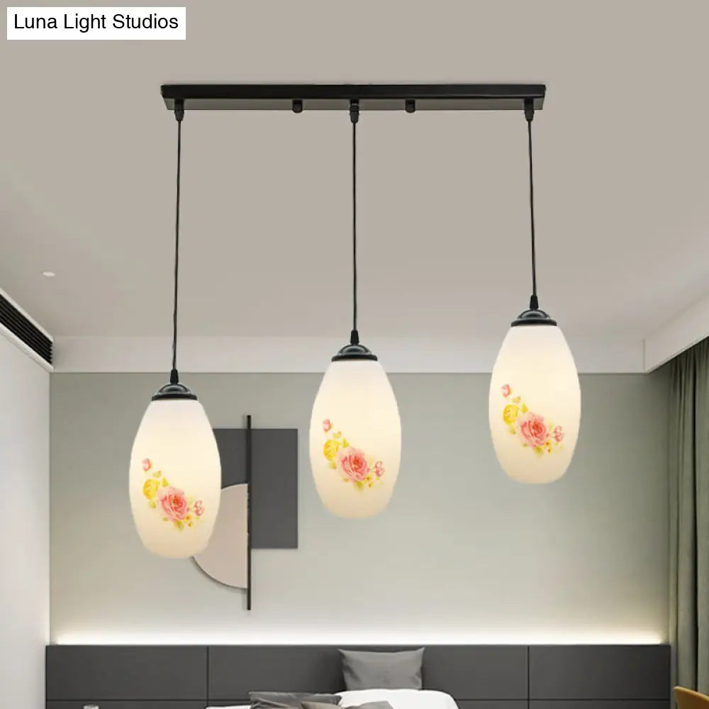 Frosted White Glass Pendant Lamp With Flower Pattern - 3 Bulbs