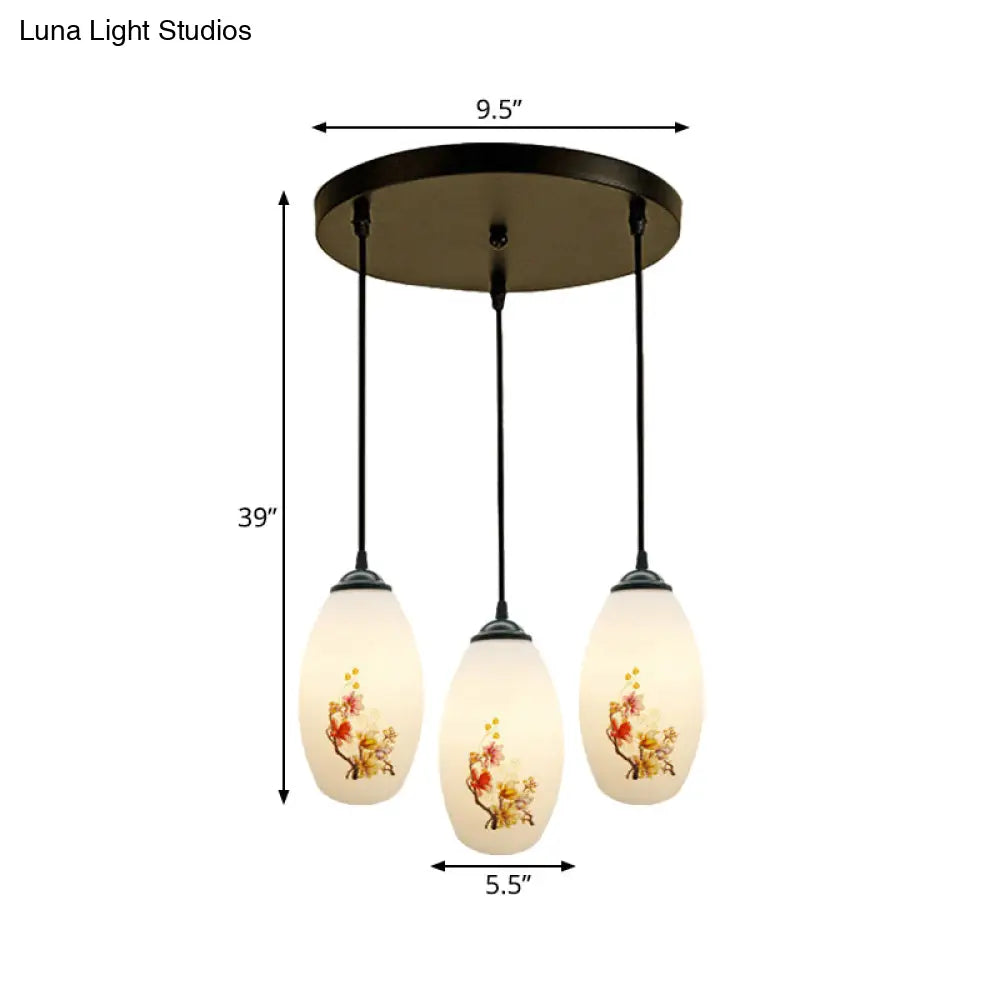 Frosted White Glass Pendant Lamp With Flower Pattern - 3 Bulbs