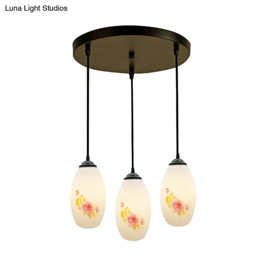 Frosted White Glass Pendant Lamp With Flower Pattern - 3 Bulbs