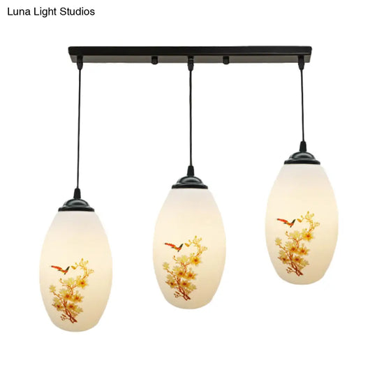 Frosted White Glass Pendant Lamp With Flower Pattern - 3 Bulbs