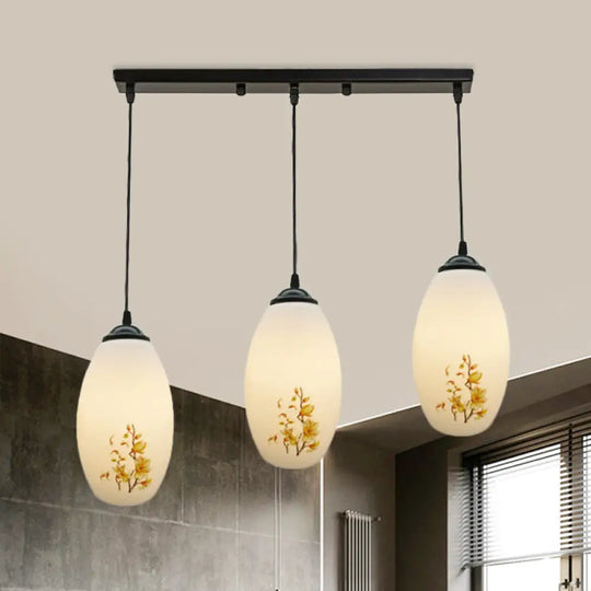 Frosted White Glass Pendant Lamp With Flower Pattern - 3 Bulbs / A Linear