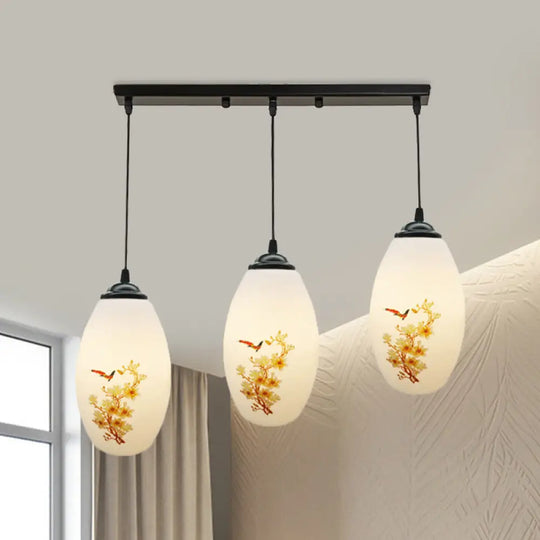 Frosted White Glass Pendant Lamp With Flower Pattern - 3 Bulbs / B Linear