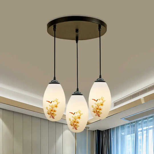 Frosted White Glass Pendant Lamp With Flower Pattern - 3 Bulbs / B Round