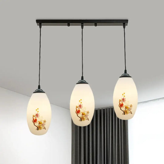 Frosted White Glass Pendant Lamp With Flower Pattern - 3 Bulbs / C Linear