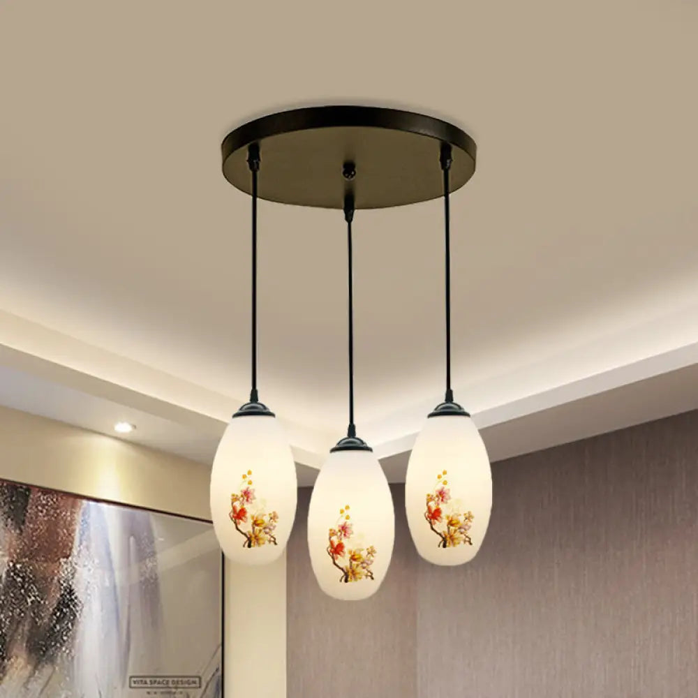 Frosted White Glass Pendant Lamp With Flower Pattern - 3 Bulbs / C Round