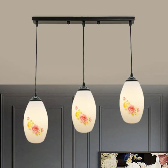 Frosted White Glass Pendant Lamp With Flower Pattern - 3 Bulbs / D Linear