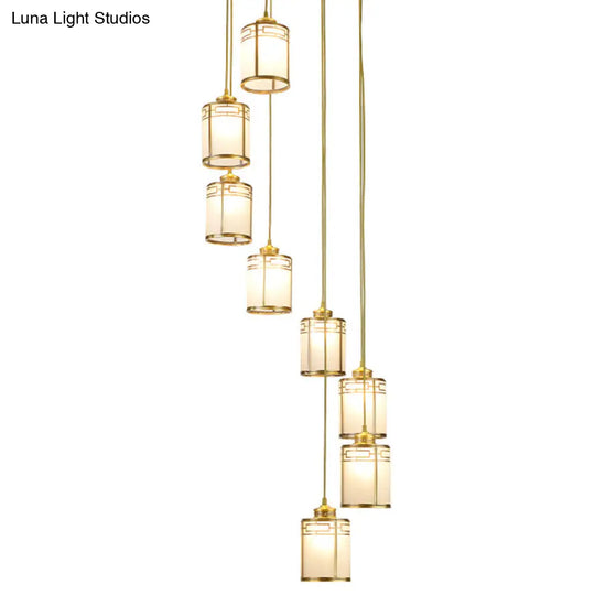 Frosted White Glass Pendant Lamp With Modern Brass Finish - Multiple Hanging Lights For Duplex House