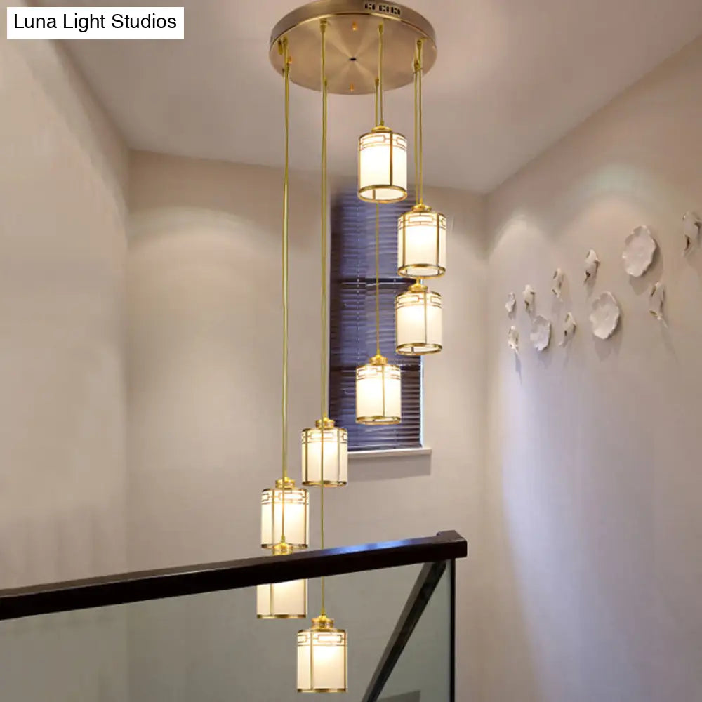 Frosted White Glass Pendant Lamp With Modern Brass Finish - Multiple Hanging Lights For Duplex House