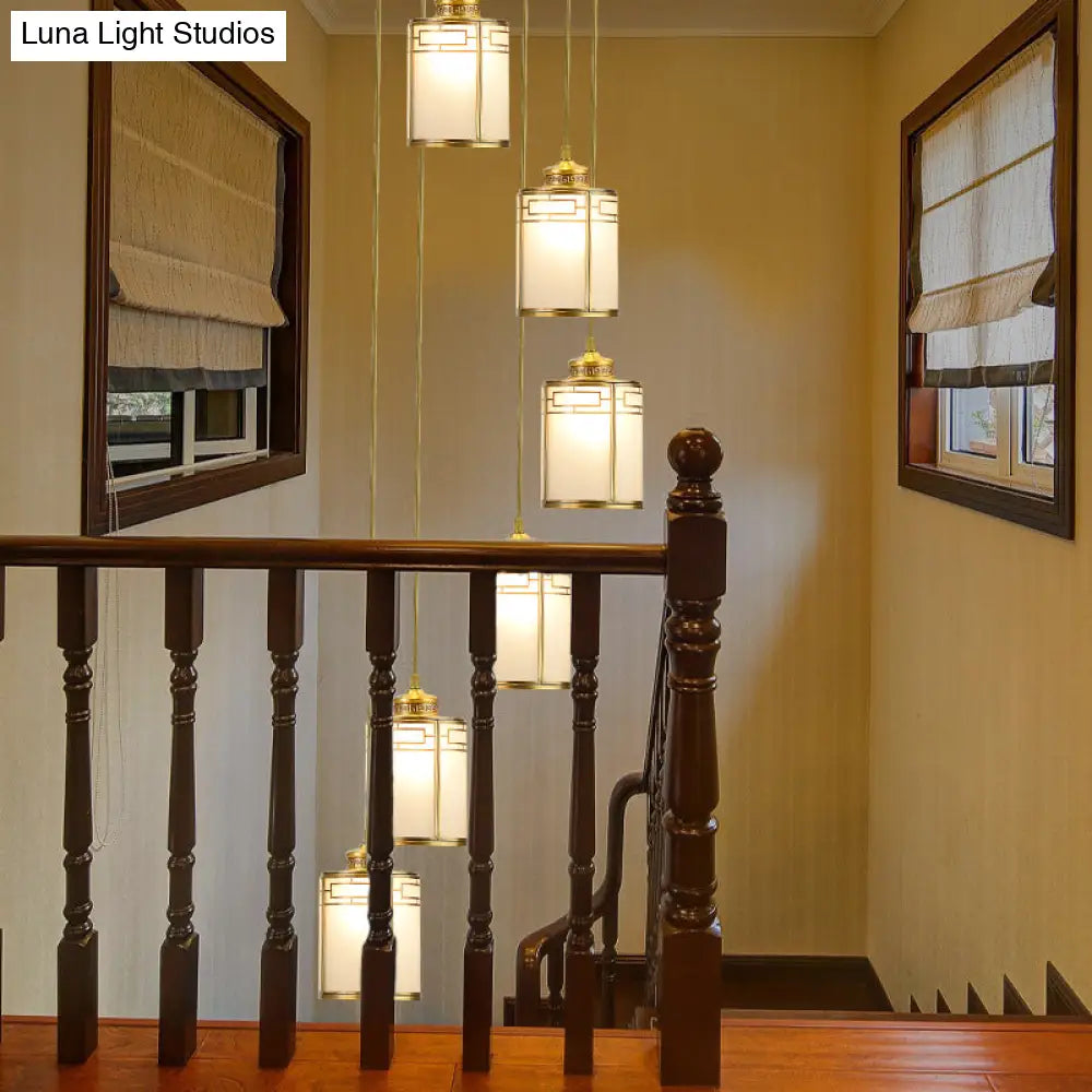 Frosted White Glass Pendant Lamp With Modern Brass Finish - Multiple Hanging Lights For Duplex House