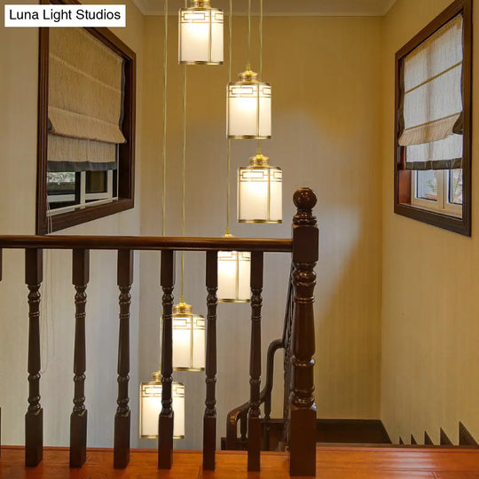 Frosted White Glass Pendant Lamp With Modern Brass Finish - Multiple Hanging Lights For Duplex House