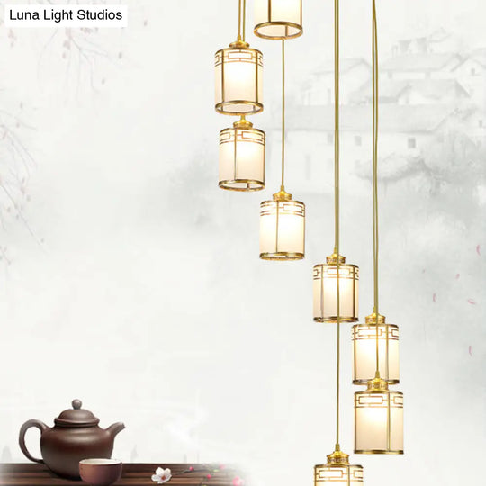 Frosted White Glass Pendant Lamp With Modern Brass Finish - Multiple Hanging Lights For Duplex House