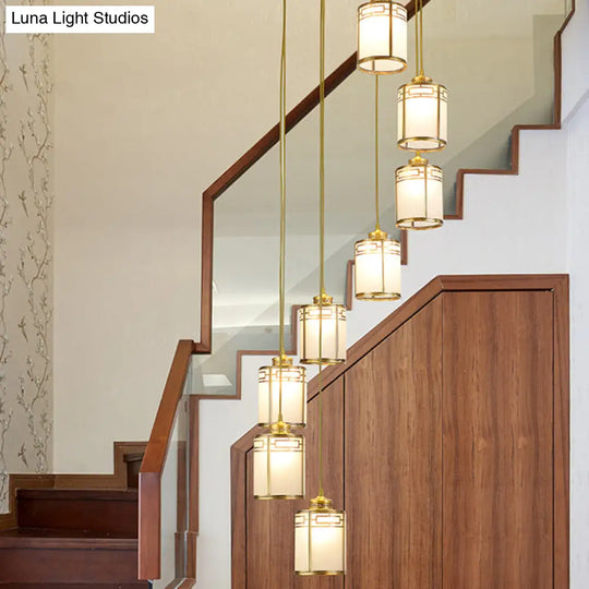 Frosted White Glass Pendant Lamp With Modern Brass Finish - Multiple Hanging Lights For Duplex House