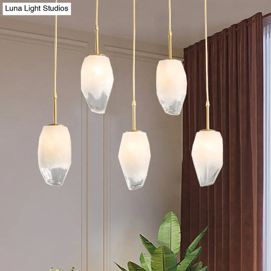 Frosted White Glass Hanging Light With Brass Pendant - Rock Shape Design Ideal For Dining Table