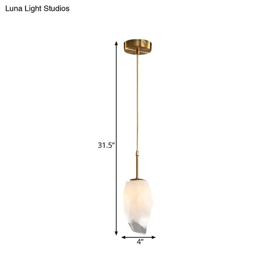 Frosted White Glass Hanging Light With Brass Pendant - Rock Shape Design Ideal For Dining Table