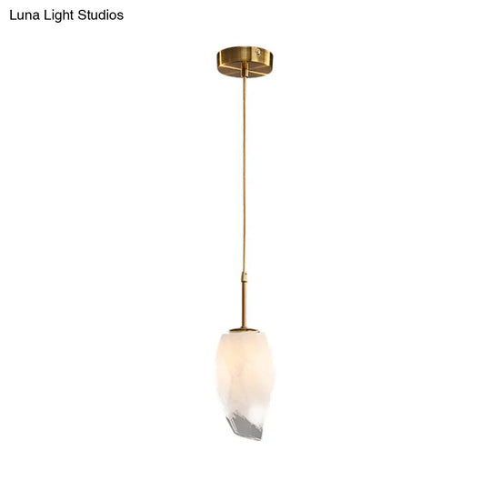 Frosted White Glass Hanging Light With Brass Pendant - Rock Shape Design Ideal For Dining Table