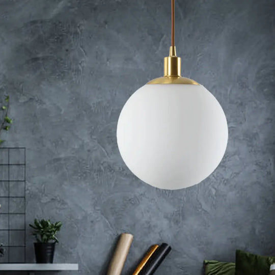 Frosted White Glass Pendant Lighting - 1-Light Brass Suspension Ceiling Lamp 6’’/8’’/10’’ Wide / 6’’