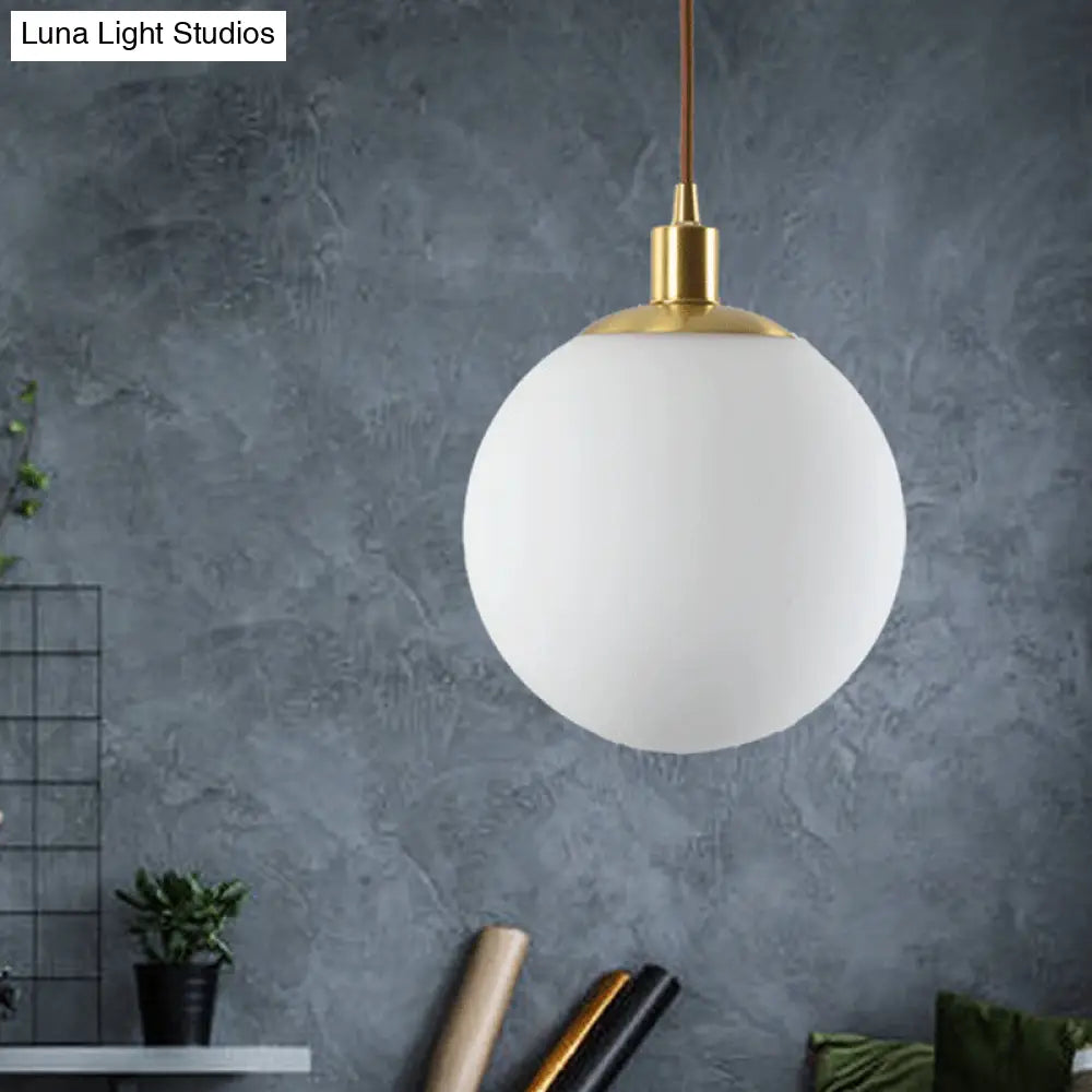 Frosted White Glass Ball Pendant Light - Modern 1-Light Brass Suspension Ceiling Lamp (6/8/10 Width)