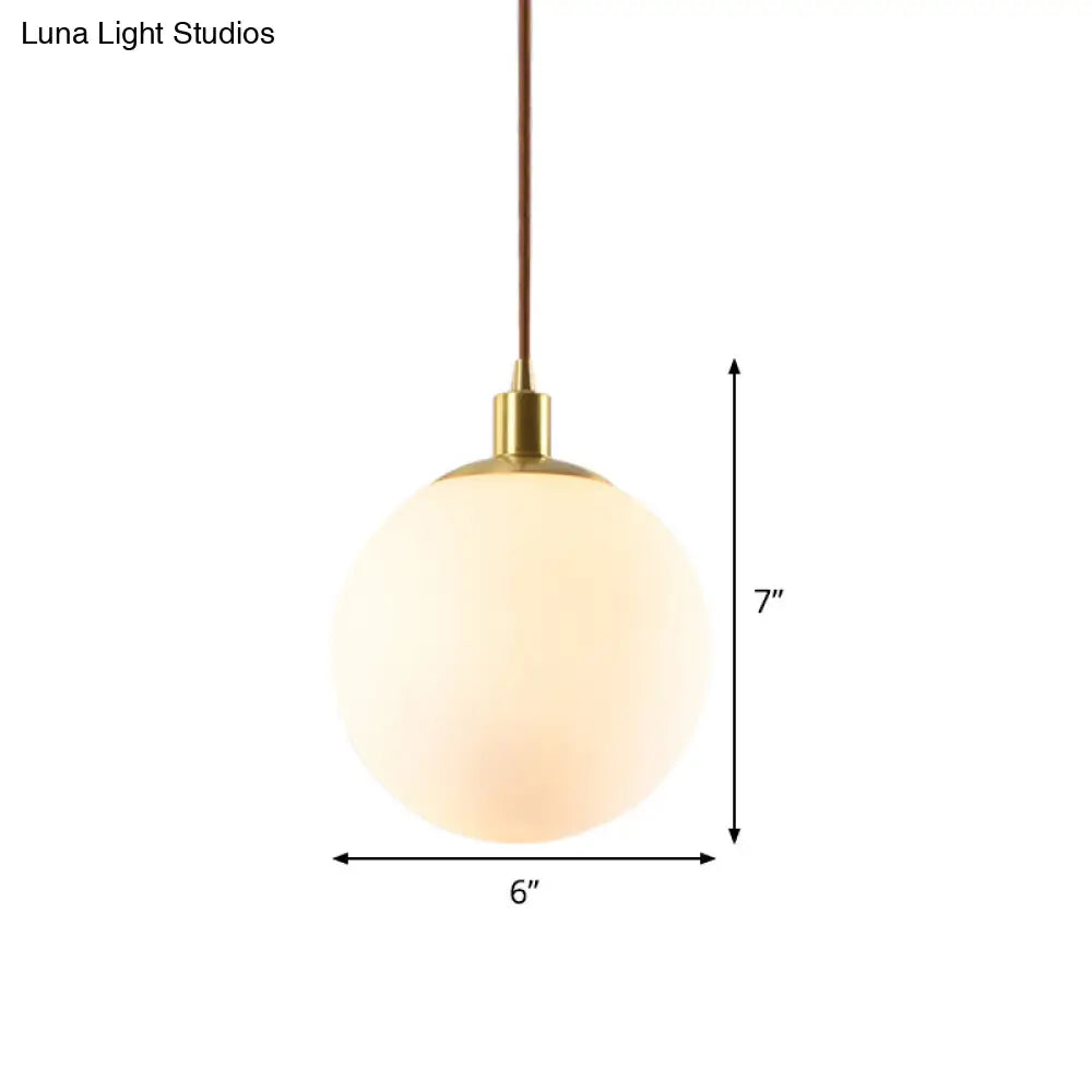 Frosted White Glass Ball Pendant Light - Modern 1-Light Brass Suspension Ceiling Lamp (6/8/10 Width)