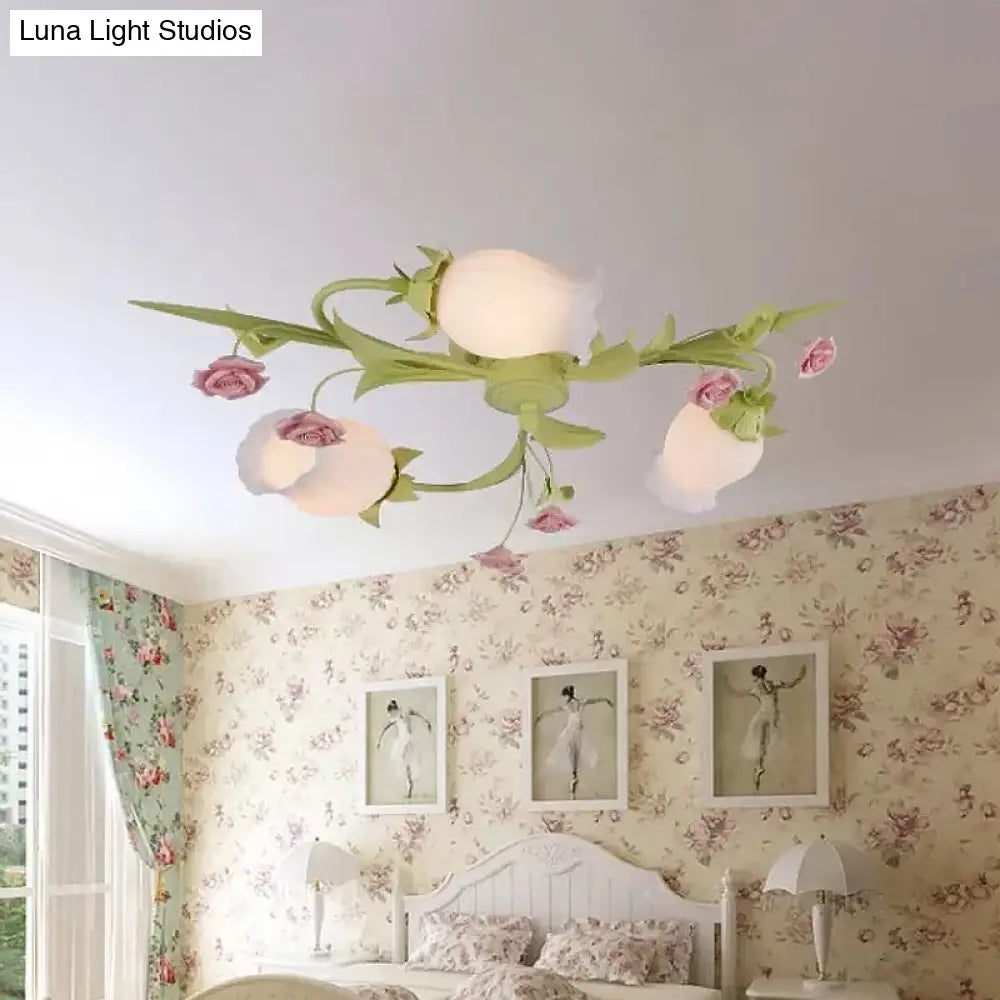 Frosted White Glass Ruffle Semi Flush Lamp - Green Pastoral Ceiling Light With 3 Lights For Bedroom