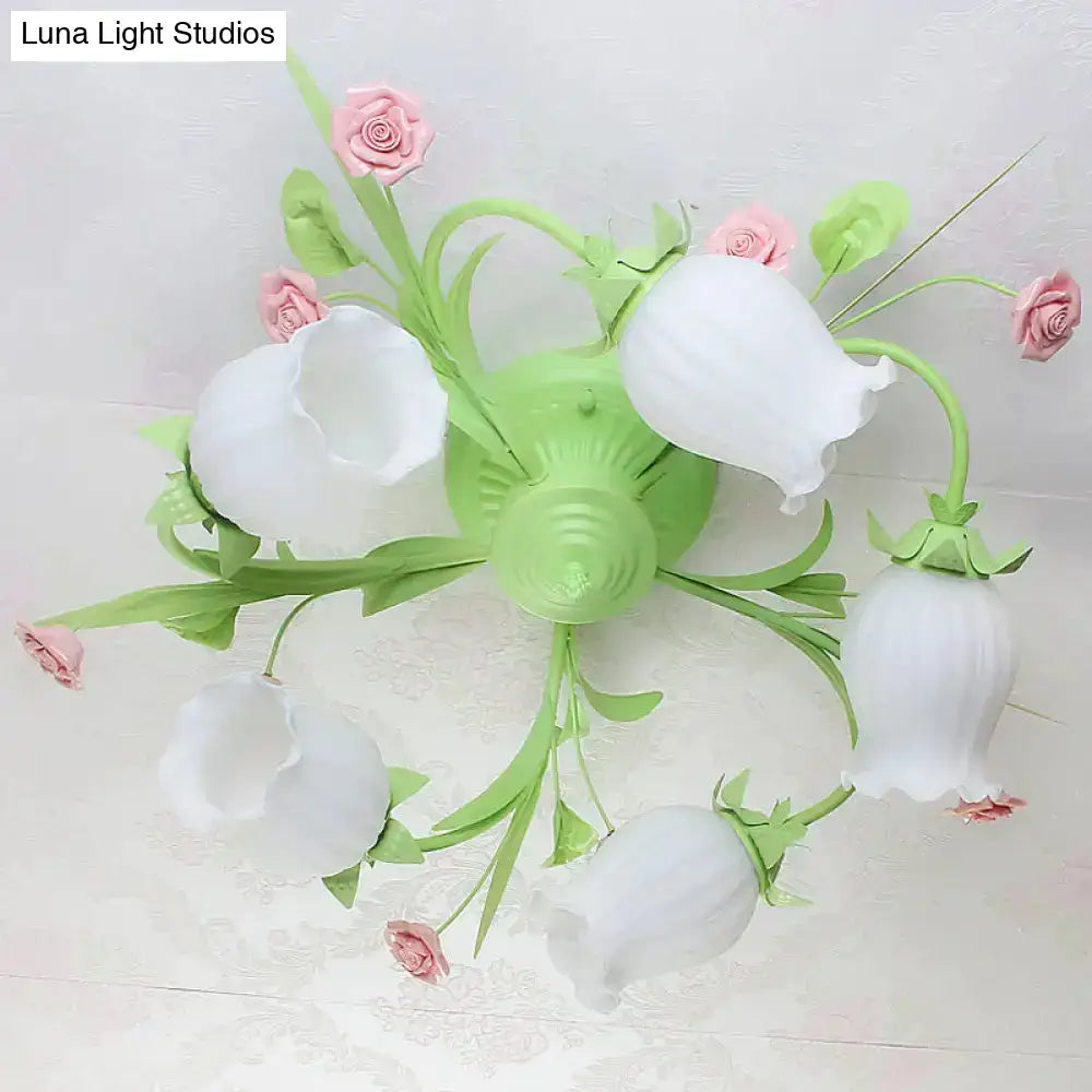 Frosted White Glass Ruffle Semi Flush Lamp - Green Pastoral Ceiling Light With 3 Lights For Bedroom