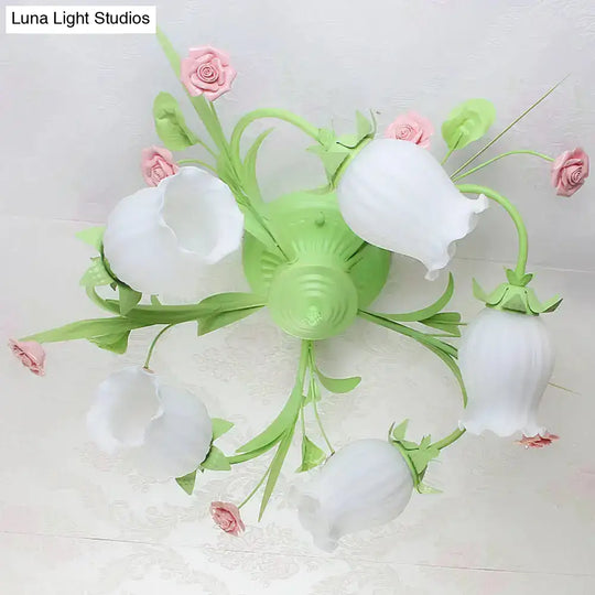 Frosted White Glass Ruffle Semi Flush Lamp - Green Pastoral Ceiling Light With 3 Lights For Bedroom