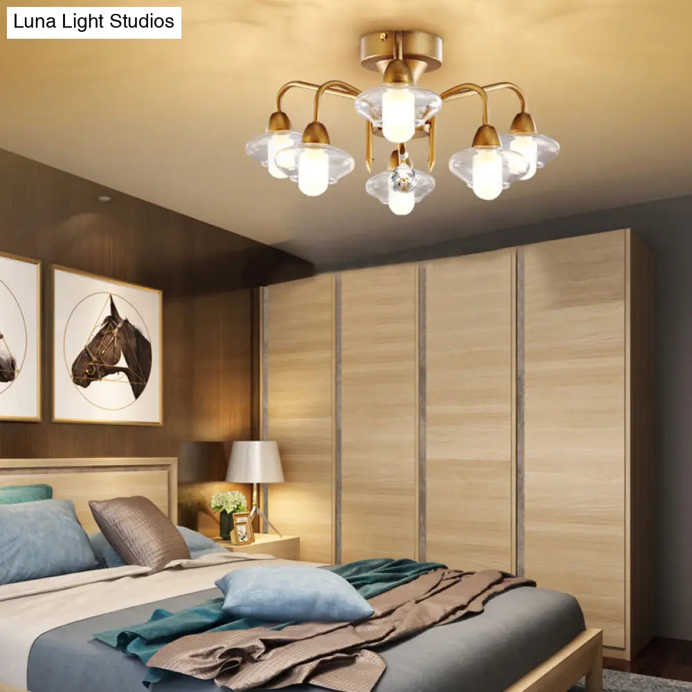 Frosted White Glass Semi Flush-Elliptical Modern Light Fixture With 6 Brass Bulbs For Bedrooms
