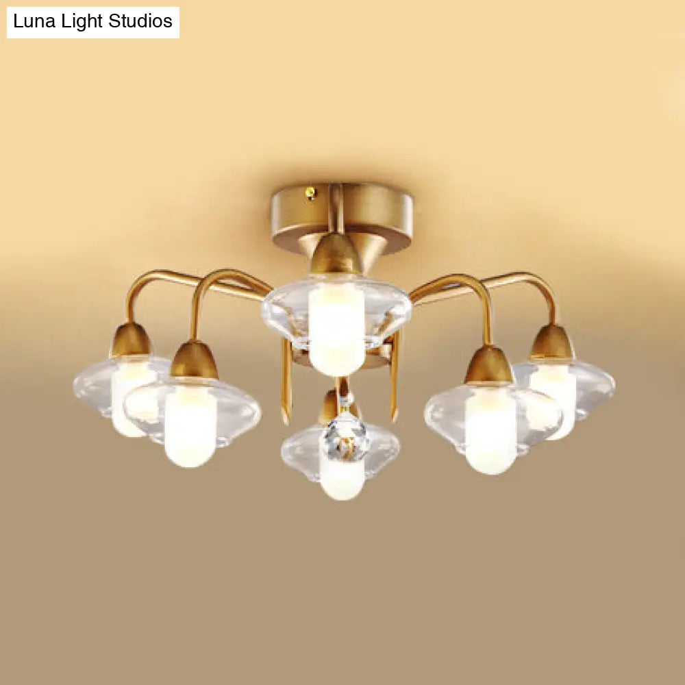 Frosted White Glass Semi Flush Brass Bedroom Light With 6 Bulbs - Modern Elliptical Design