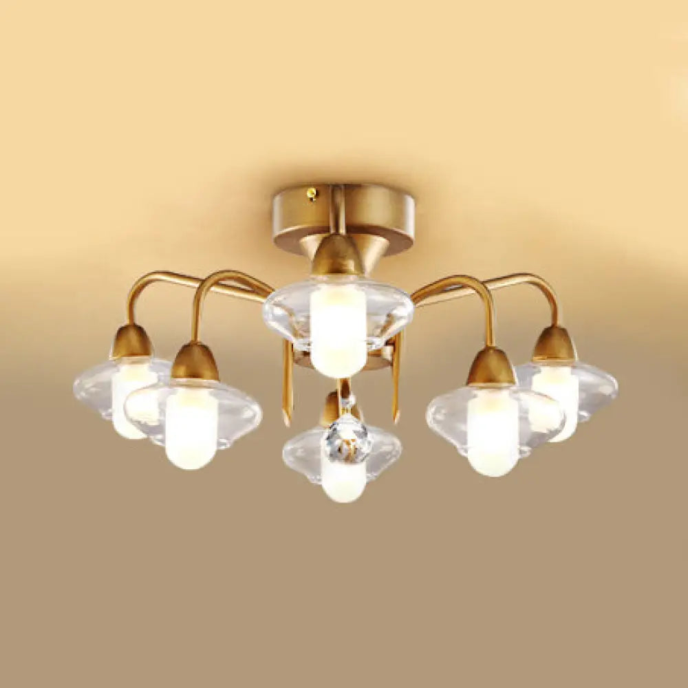 Frosted White Glass Semi Flush-Elliptical Modern Light Fixture With 6 Brass Bulbs For Bedrooms