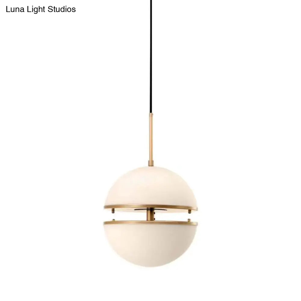 Frosted White Glass Sliced Sphere Hanging Lamp In Brass - Available 3 Sizes