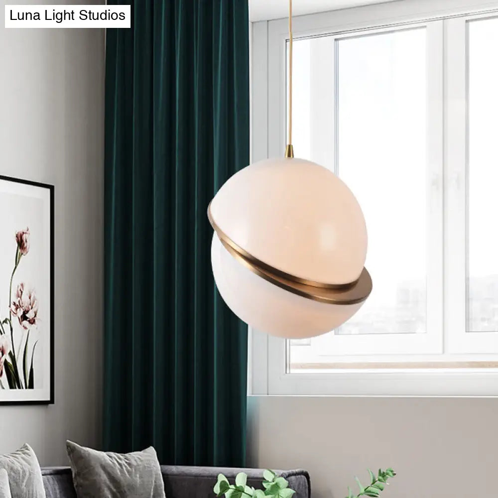Frosted White Glass Sliced Sphere Hanging Lamp In Brass - Available 3 Sizes