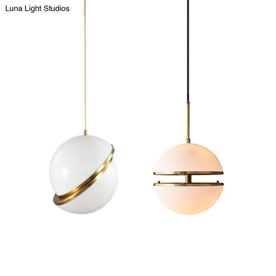 Frosted White Glass Sliced Sphere Hanging Lamp In Brass - Available 3 Sizes