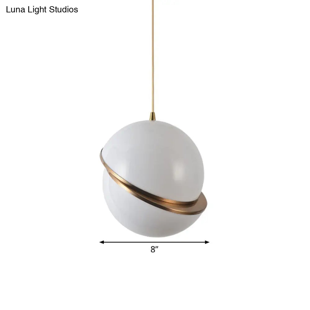 Frosted White Glass Sliced Sphere Hanging Lamp In Brass - Available 3 Sizes