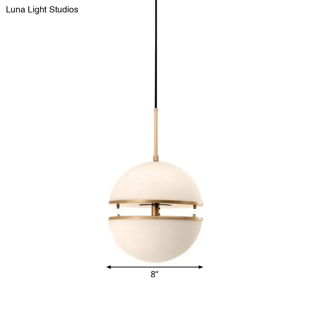 Frosted White Glass Sliced Sphere Hanging Lamp In Brass - Available 3 Sizes