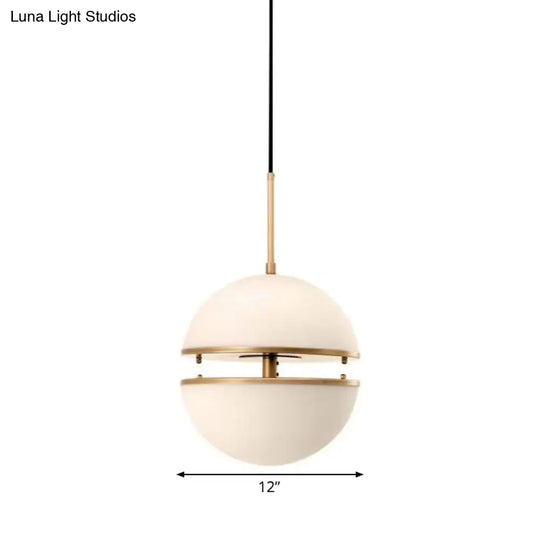 Frosted White Glass Sliced Sphere Hanging Lamp In Brass - Available 3 Sizes