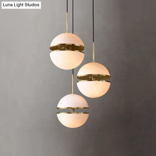 Frosted White Glass Sliced Sphere Hanging Lamp In Brass - Available 3 Sizes