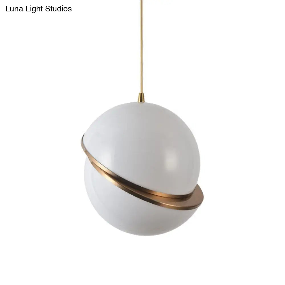 Frosted White Glass Sliced Sphere Hanging Lamp In Brass - Available 3 Sizes