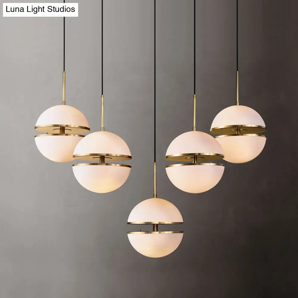 Frosted White Glass Sliced Sphere Hanging Lamp In Brass - Available 3 Sizes