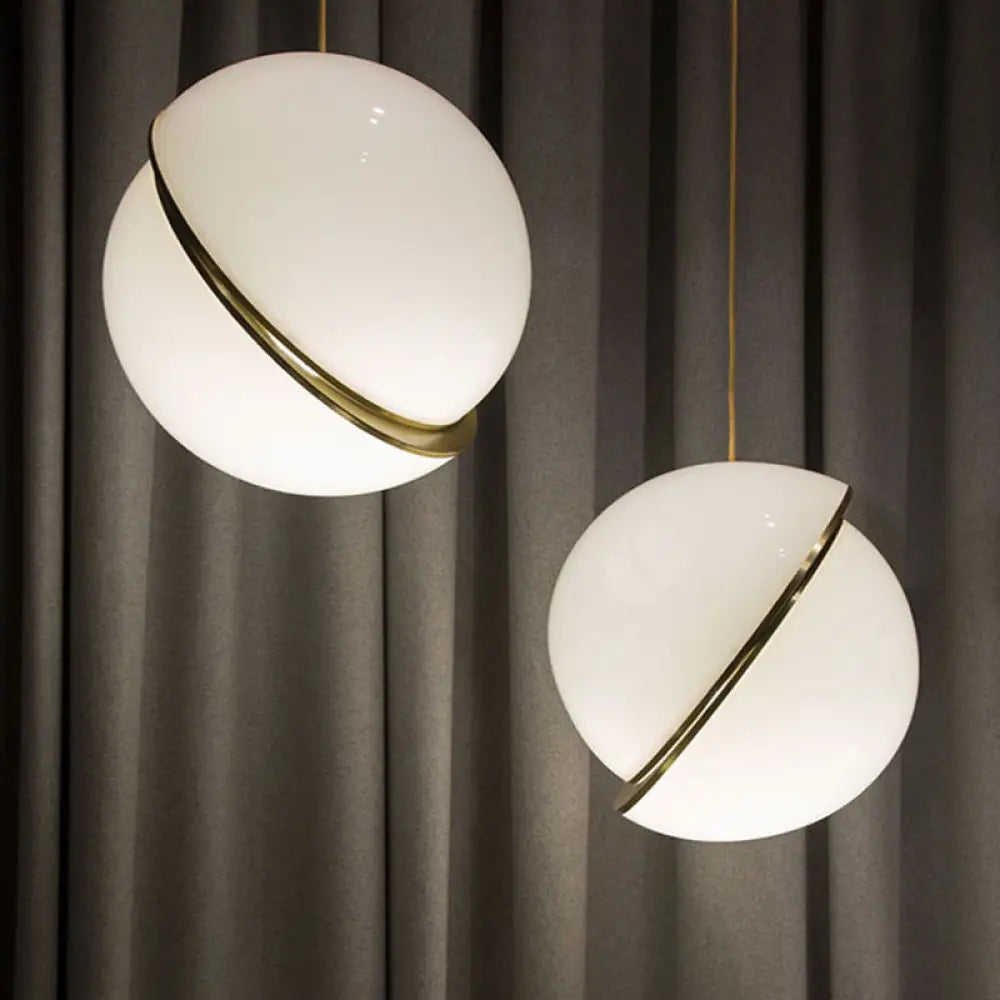 Frosted White Glass Sliced Sphere Hanging Lamp In Brass - Available 3 Sizes / 8’ A