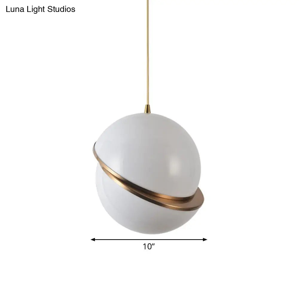 Frosted White Glass Sliced Sphere Hanging Lamp In Brass - Available 3 Sizes