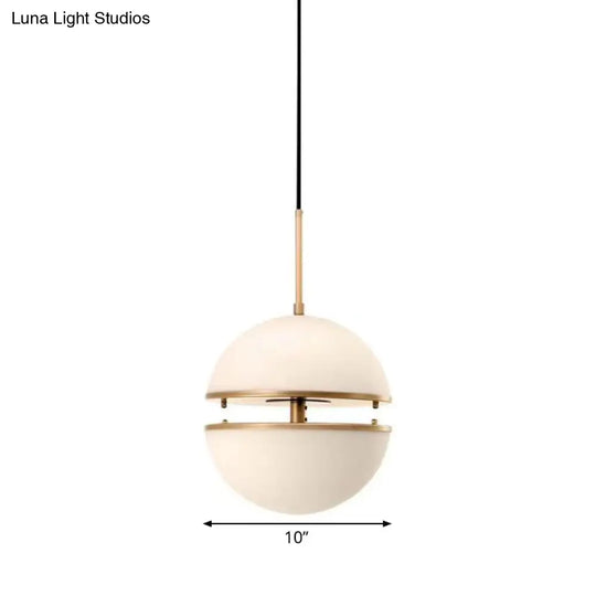 Frosted White Glass Sliced Sphere Hanging Lamp In Brass - Available 3 Sizes