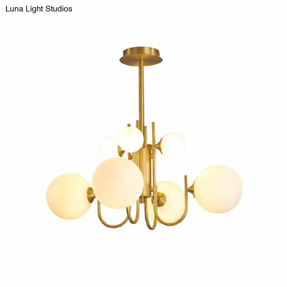 Frosted White Glass Sphere Pendant Light With Brass Finish - Designer 8-Light Chandelier