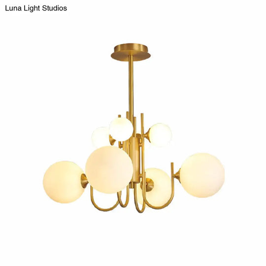 Frosted White Glass Sphere Pendant Light With Brass Finish - Designer 8-Light Chandelier