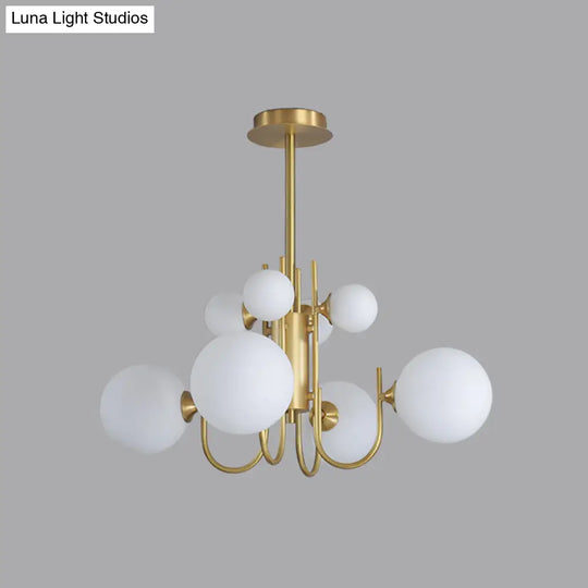 Frosted White Glass Sphere Pendant Light With Brass Finish - Designer 8-Light Chandelier