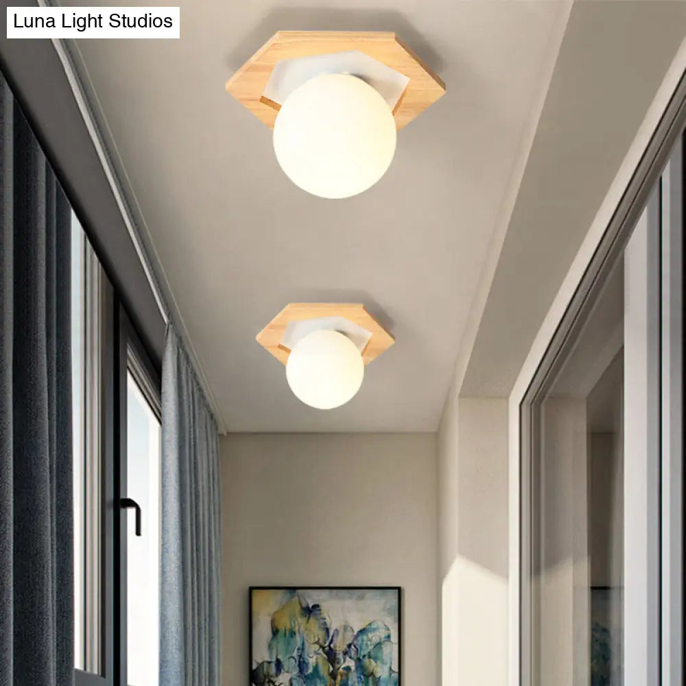 Frosted White Glass & Wood Modern Flush Mount Ceiling Light / Hexagon