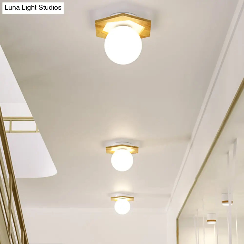 Frosted White Glass & Wood Modern Flush Mount Ceiling Light