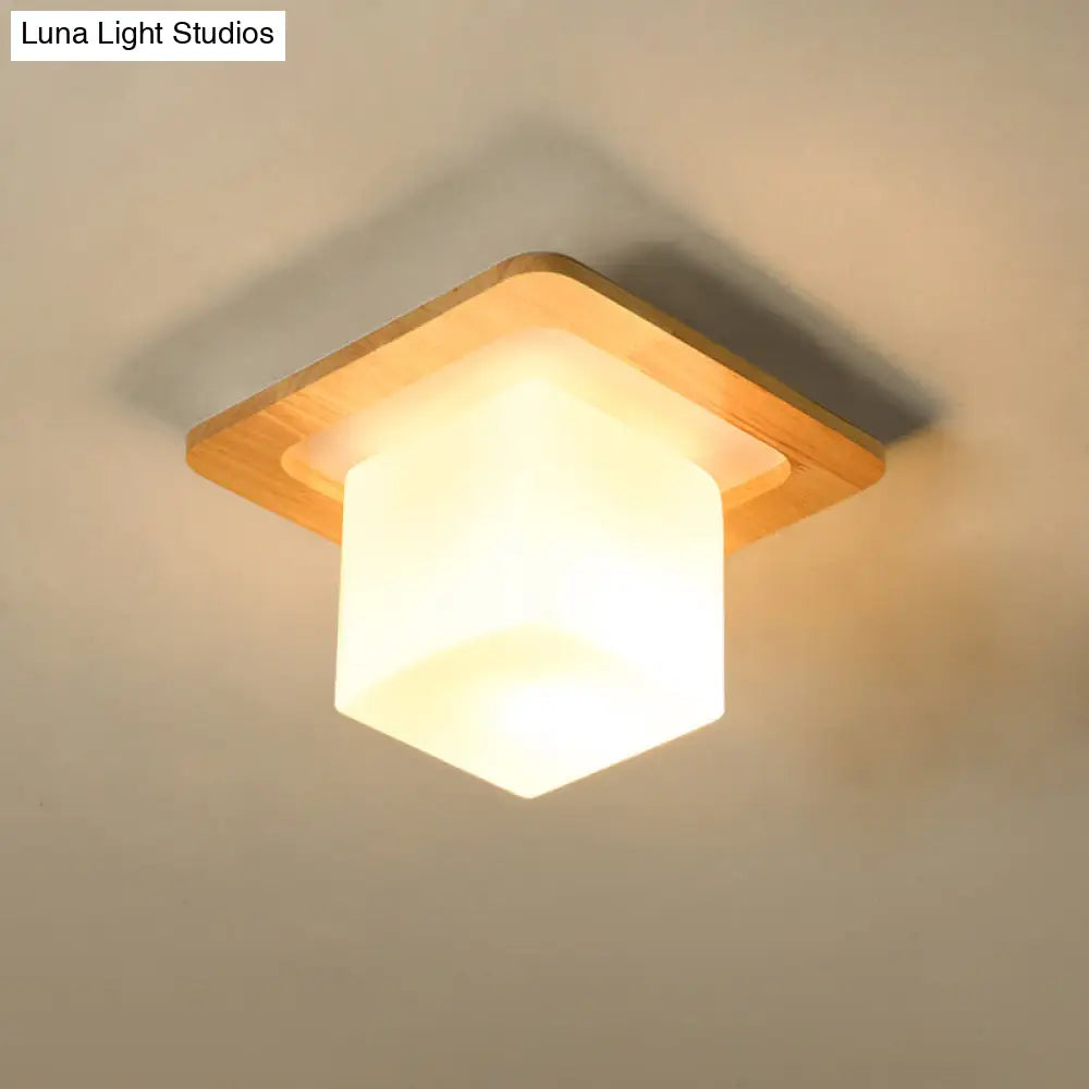 Frosted White Glass & Wood Modern Flush Mount Ceiling Light