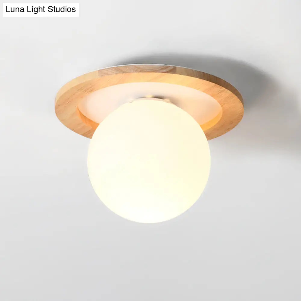 Frosted White Glass & Wood Modern Flush Mount Ceiling Light